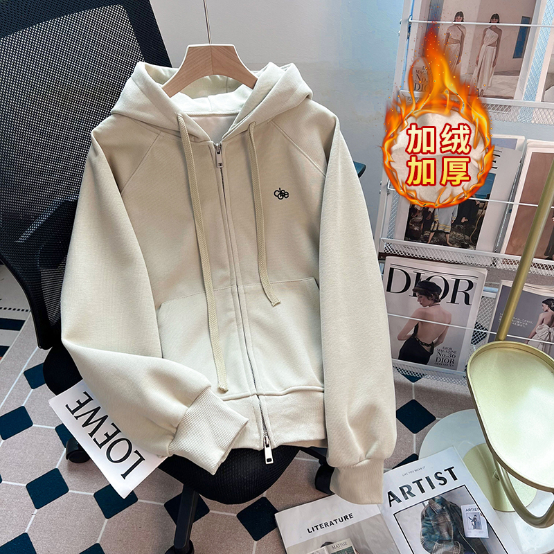 Real shot of Chinese cotton composite true super plus velvet thickened sweatshirt for women 2024 new autumn and winter trendy hooded zipper warm top