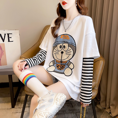 Real shot long-sleeved t-shirt for women spring and autumn thin new style fake two-piece cartoon sequin round neck top plus size women's clothing