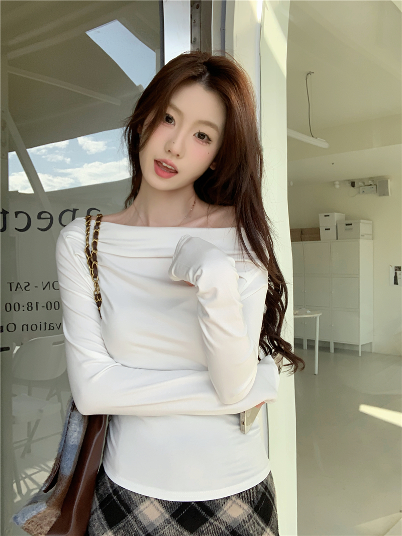 Actual shot of spring pure cotton stretch charming right-angle shoulder one-line collar T-shirt bottoming shirt slimming waist top