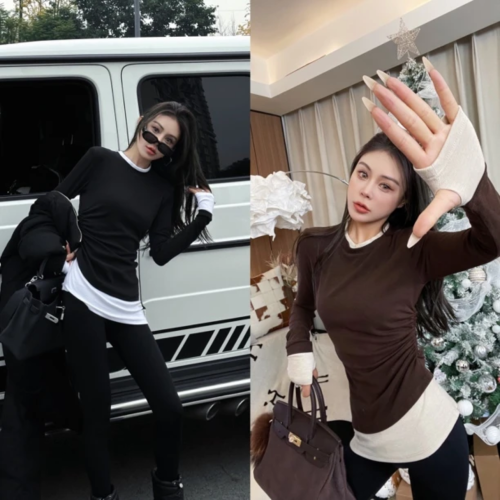 European black and white color matching fake two-piece brushed long-sleeved T-shirt for women in autumn and winter pleated waist slimming inner top