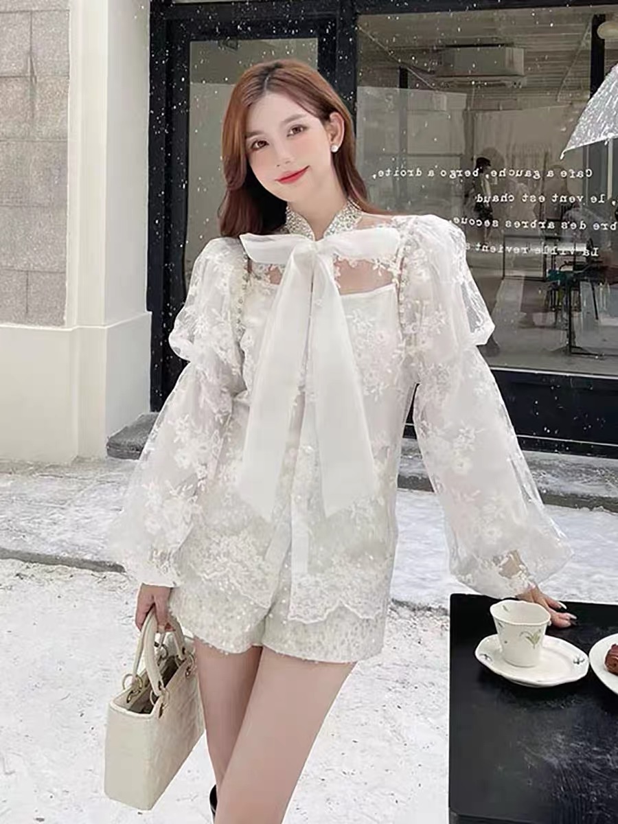 Korean Spring and Autumn New Design Bow Lace Lace Mesh Puff Lantern Sleeve Lace Shirt Top for Women