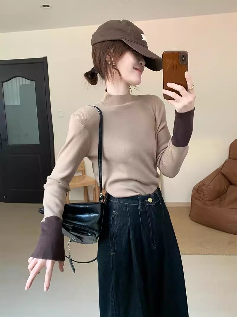 Designed sleeves color-blocked half turtleneck bottoming shirt autumn and winter new Korean version slimming and versatile inner wear