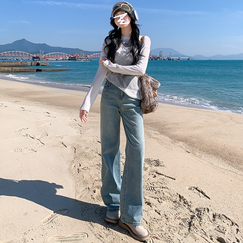 實拍~淺藍色牛仔闊腿褲女2024春季新款設計感刺繡皮牌拖地直筒褲