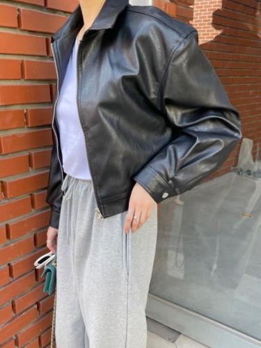 !  Korean chic niche retro curcumin fashionable western style zipper lapel leather jacket versatile top