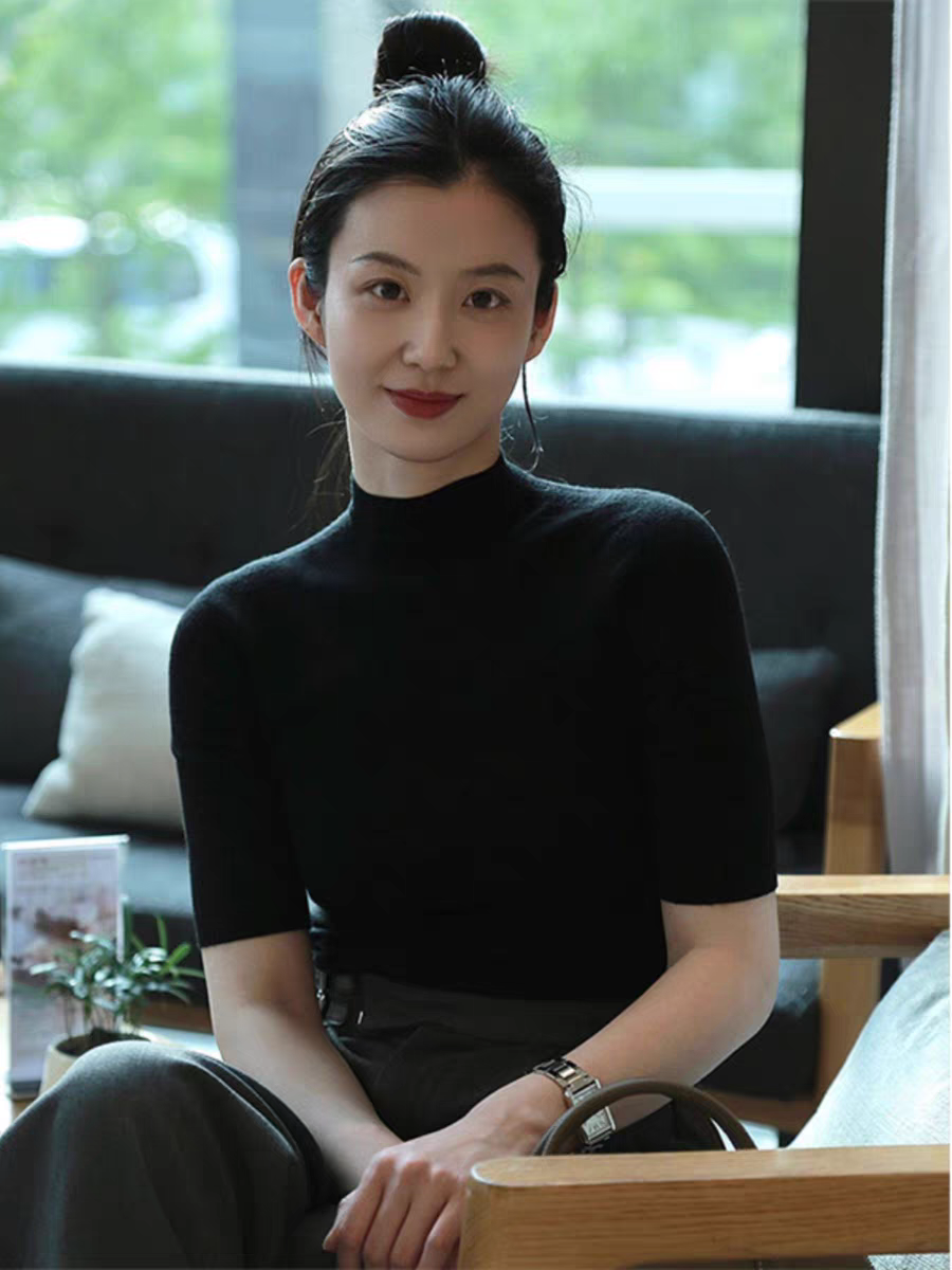 黑色半高領打底衫女內搭夏季冰絲針織衫短袖正肩t恤修身短款上衣