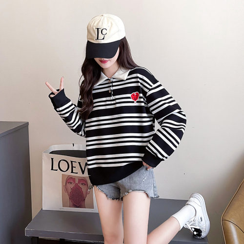 Real shot striped composite 330g sweatshirt for women spring and autumn embroidered flower shirt collar Korean style tops plus size women's 200 pounds