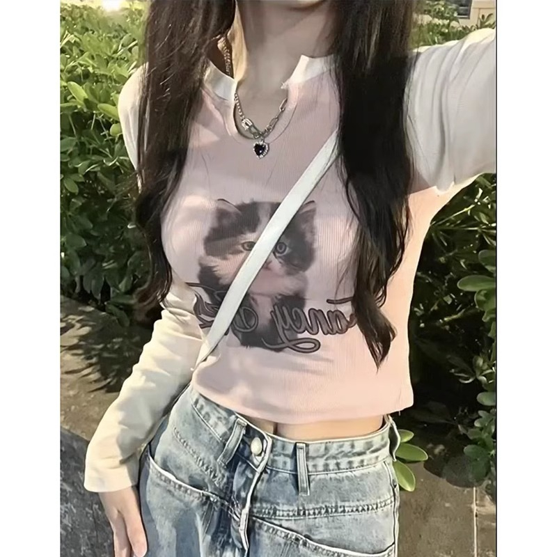 Design sense 2024 spring new Korean style pure cotton sweet hottie printed long-sleeved T-shirt women's slim short top trendy