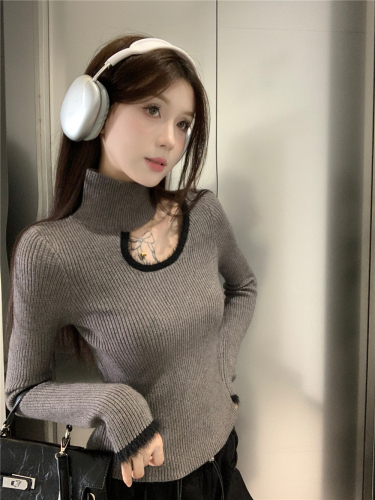 Sweet Hot Girl Hollow Half-Turtle Collar Sweater Women's New Autumn and Winter Design Top Slim Fit Bottoming