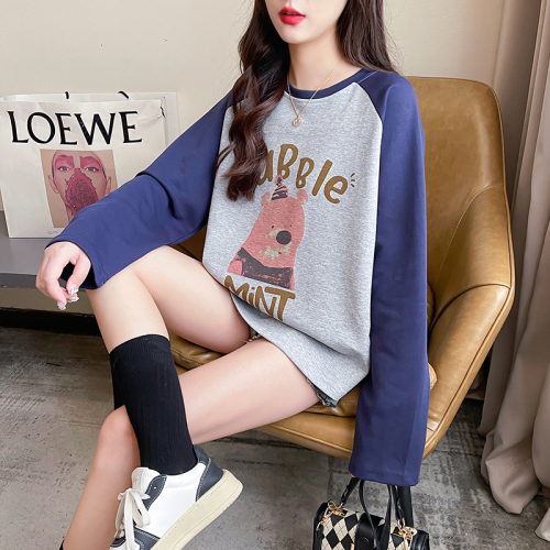 First real shot of 230g double-sided cotton spring and autumn raglan sleeves printed short trendy long-sleeved tops plus size women's 200 pounds