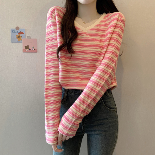 First real shot 300g striped bottoming shirt for women spring and autumn trendy thin short style trendy Korean style V-neck top long-sleeved T-shirt