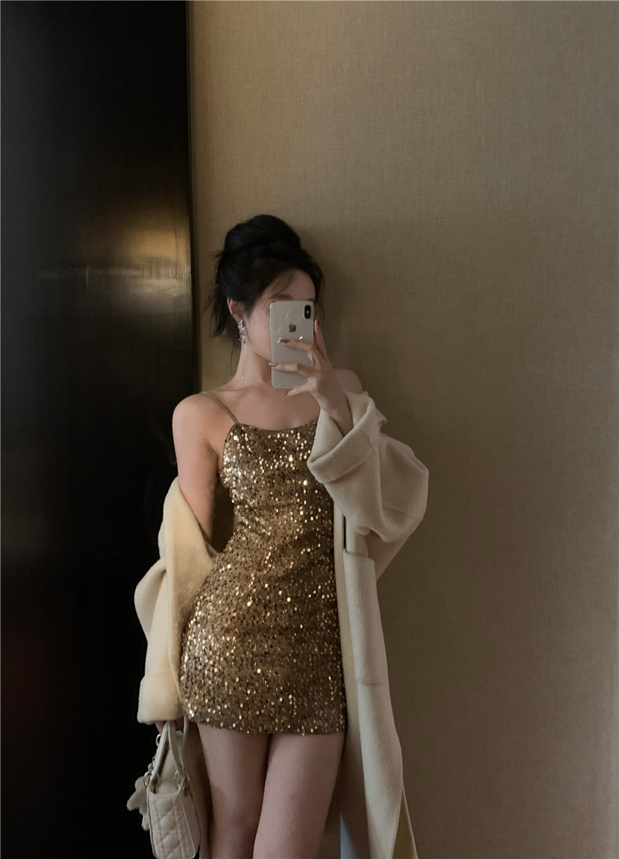 Real shot, sparkling, beloved sequins, sexy slim-fitting waist suspender skirt, annual party dress