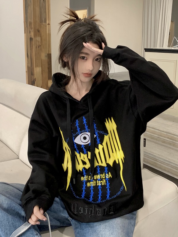 Real shot of large size original design embroidered chic hooded sweatshirt casual loose slimming top