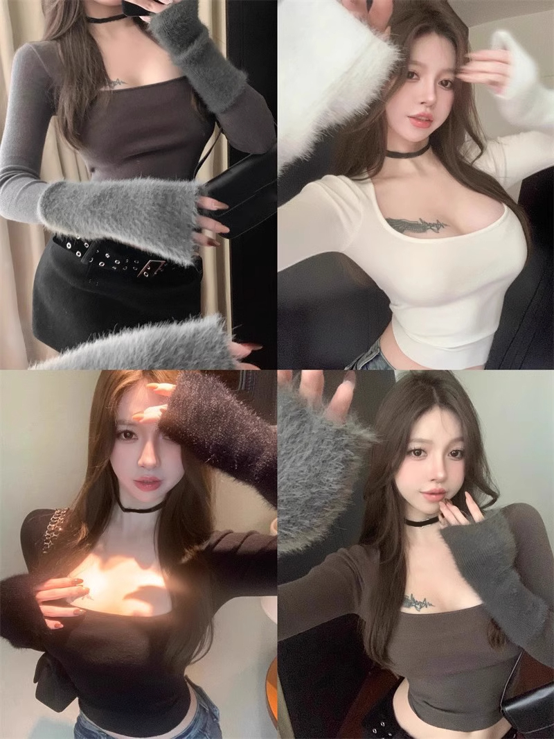 Plush spliced ​​square neck bottoming shirt, long-sleeved T-shirt for women, autumn and winter furry sleeves, tight-fitting short gray inner top