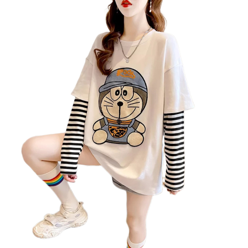 Real shot long-sleeved t-shirt for women spring and autumn thin new style fake two-piece cartoon sequin round neck top plus size women's clothing