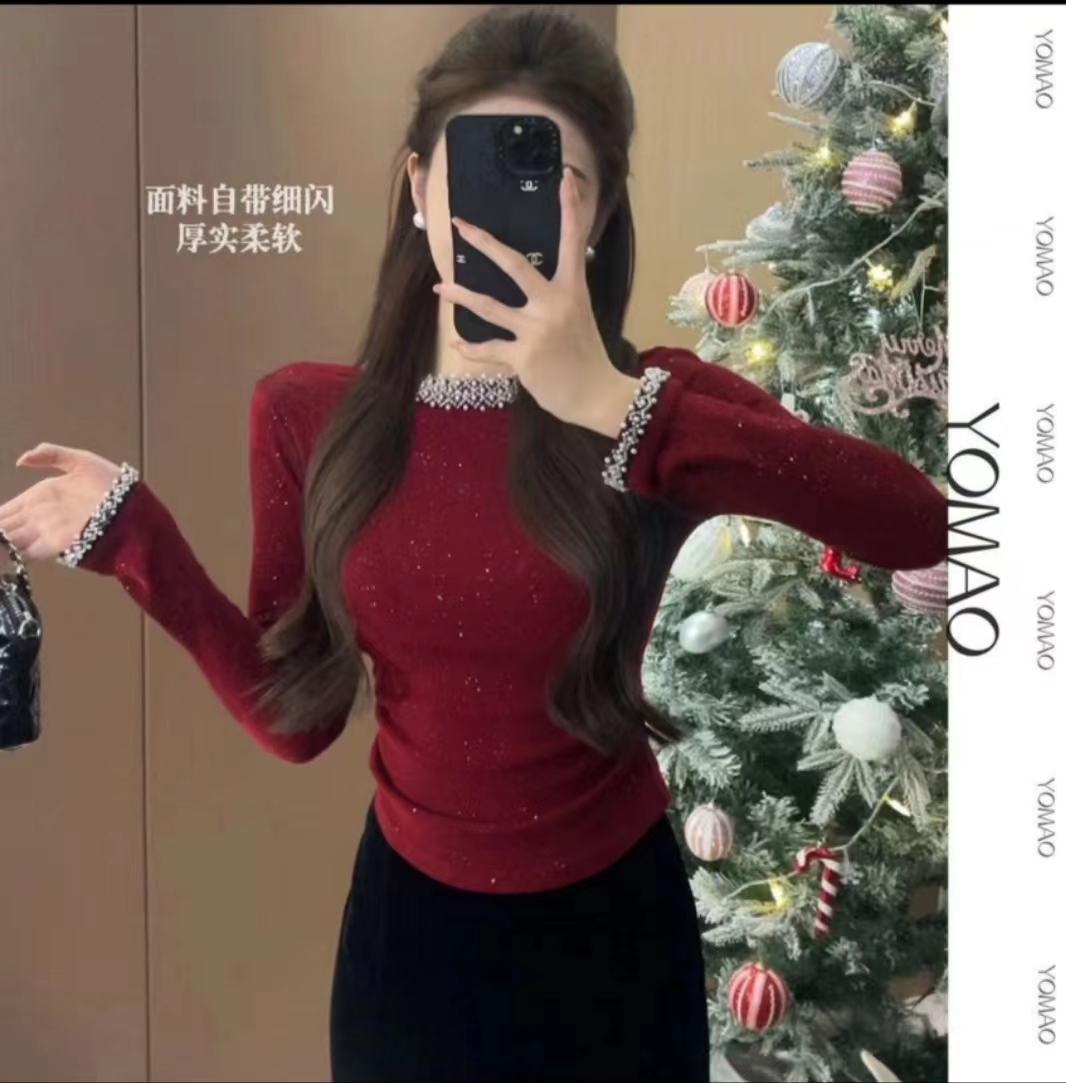 Round neck, slim, high-end, slim-fitting, long-sleeved design top