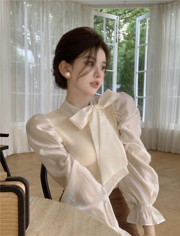 Actual shot of French stand-up collar, strappy puff sleeves, slim fit, versatile patchwork shirt top for women