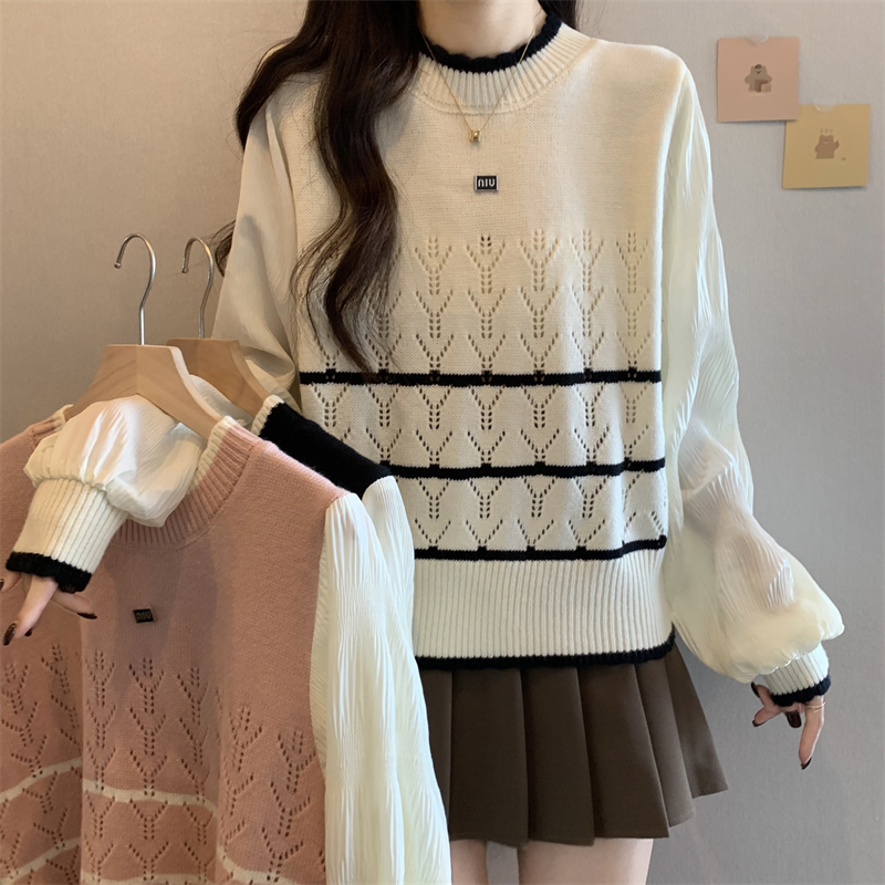Actual shot ~ New style slimming contrasting color knitted bottoming shirt top with high-end stitching striped sweater for women