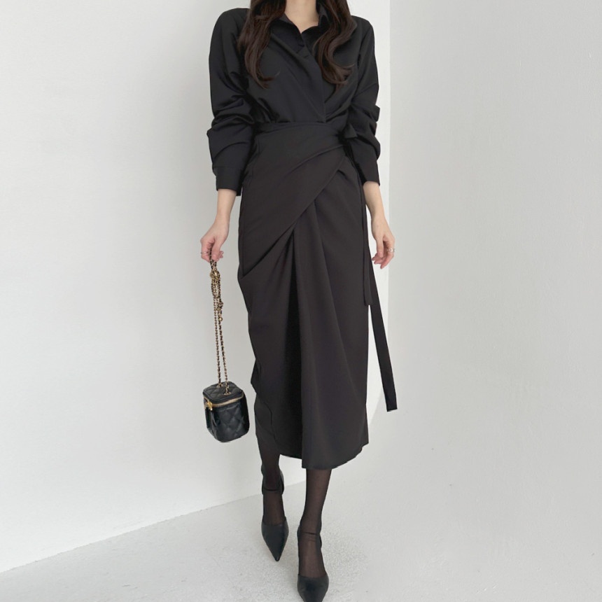 South Korea's Dongdaemun French style stylish shirt collar cross-wrap strap waist long dress