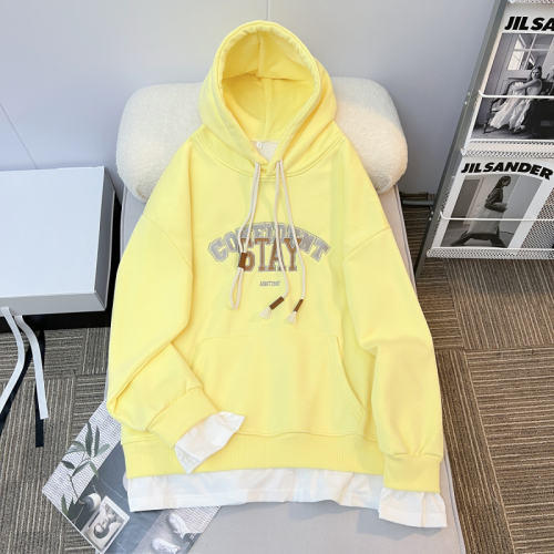 First real shot of fish scale composite milk silk bottom, loose fake fake two-piece hooded sweatshirt for women with design sense