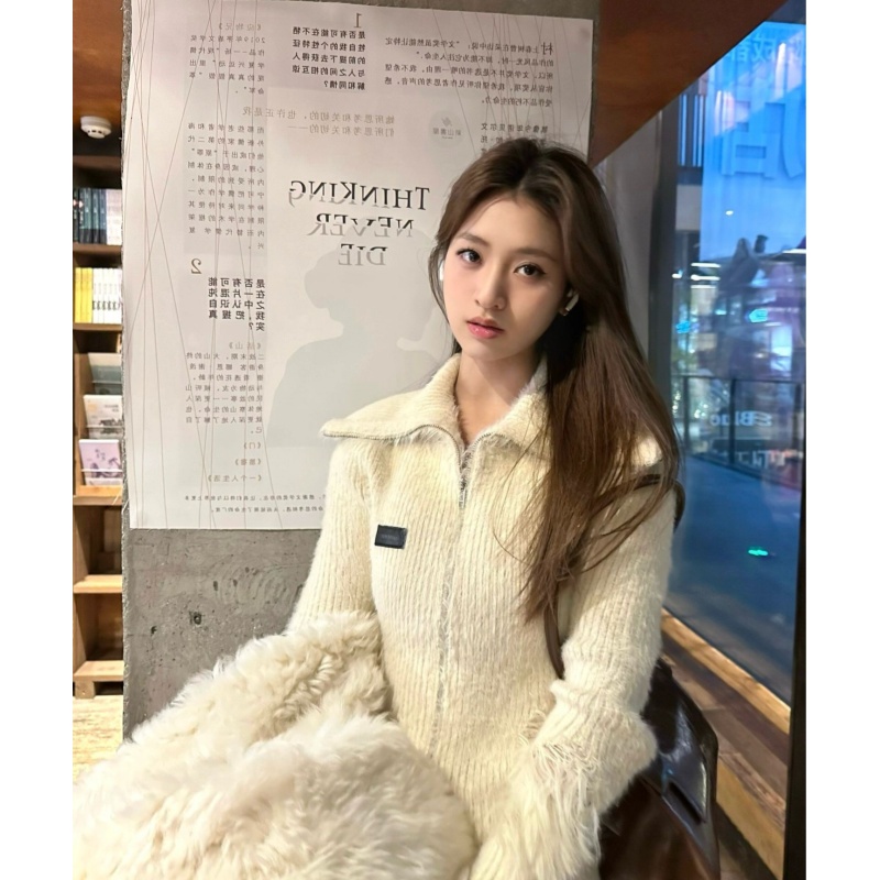 美式復古翻領仿貂毛合體修身毛衣開衫下擺爛邊慵懶風辣妹針織上衣