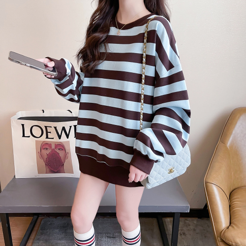 First real shot of 250g pique striped spring and autumn thin trendy round neck long-sleeved T-shirt tops large size women's clothing 200 pounds