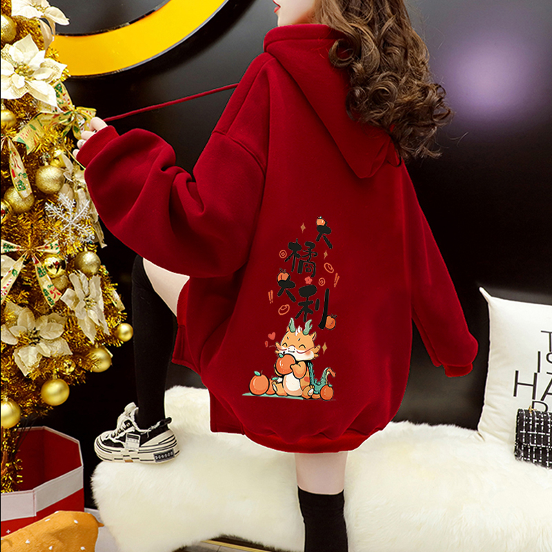Imitation Chinese cotton velvet autumn and winter 2024 Super Year of the Fire Dragon printed loose hooded plus velvet sweatshirt