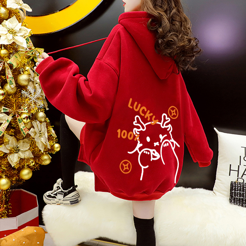 Imitation Chinese cotton complex velvet autumn and winter 2024 super fire dragon print loose and versatile plus velvet sweatshirt