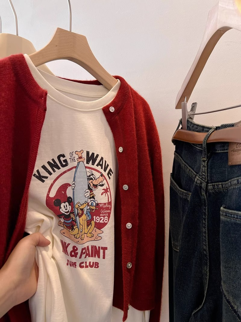 Pure cotton back strip 2024 spring and autumn scooter cartoon slightly thick loose age-reducing long-sleeved T-shirt for women