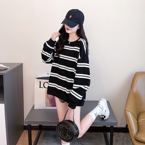 Real shot striped composite 330g sweatshirt women's spring and autumn round neck long-sleeved T-shirt tops large size women's 200 pounds