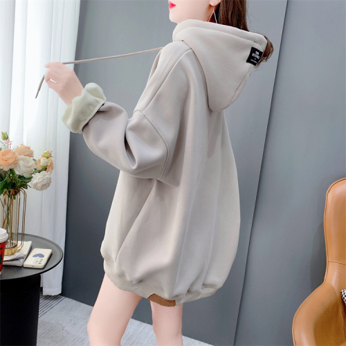 First release of 25 cotton fish scale fake two-piece hooded spring and autumn thin sweatshirt for women plus size 200 pounds top