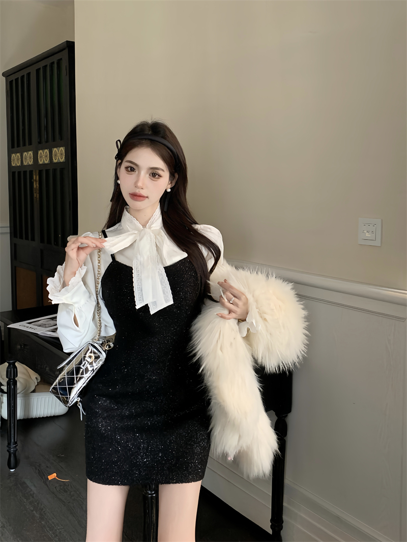 Actual shot ~ Celebrity black fragrant style suspender dress high-end lace bow shirt two-piece set