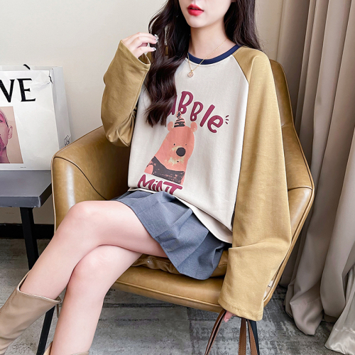 First real shot of 230g double-sided cotton spring and autumn raglan sleeves printed short trendy long-sleeved tops plus size women's 200 pounds