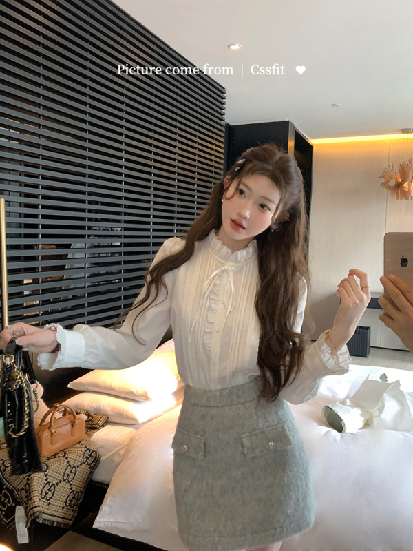 Chi Umbrella 23/fw Maisel's date embroidered hollow white top lace up French cotton shirt for women