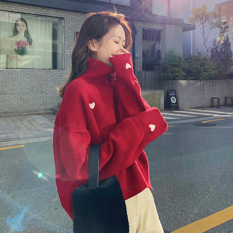 Knitted sweater autumn and winter new love turtleneck sweater women's lazy high-end loose outer wear red pullover couple outfit