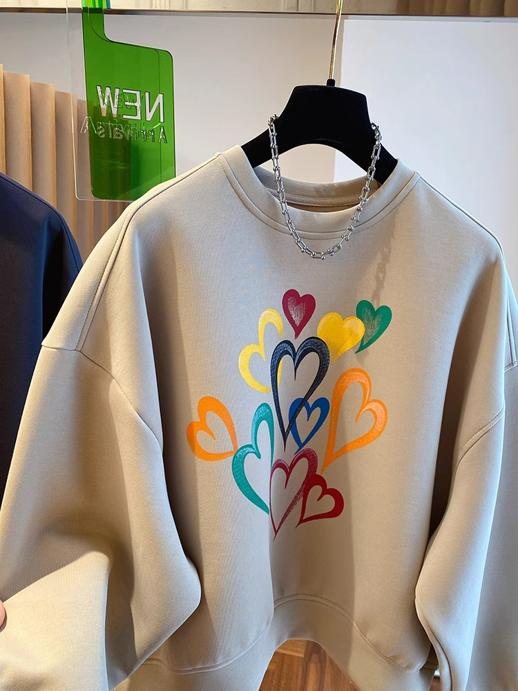 Pure cotton back strip 2024 spring and autumn round neck long sleeve hoodless loose love printed sweatshirt for women