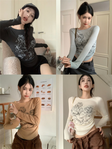 Real shot ~ American retro cartoon printed long-sleeved T-shirt for women, new autumn round neck slimming bottoming top