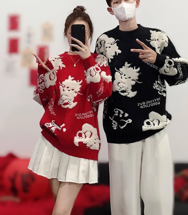 龍年新年本命年毛衣女秋冬節日氛圍感寬鬆顯瘦植絨美式復古風上衣