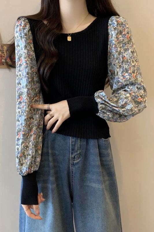 復古碎花長袖t恤女秋冬新款大碼胖mm遮肉設計感針織打底上衣