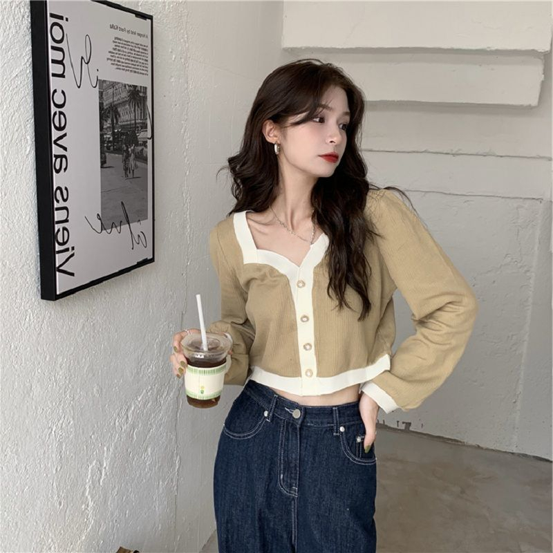 Plus size women's spring and autumn new retro peach heart collar long-sleeved fat mm age-reducing loose contrasting color short top