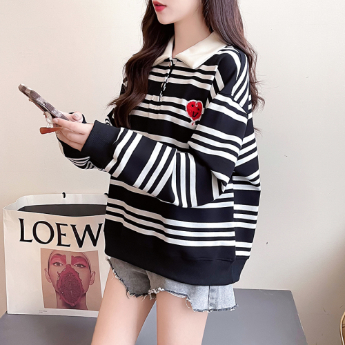 Real shot striped composite 330g sweatshirt for women spring and autumn embroidered flower shirt collar Korean style tops plus size women's 200 pounds