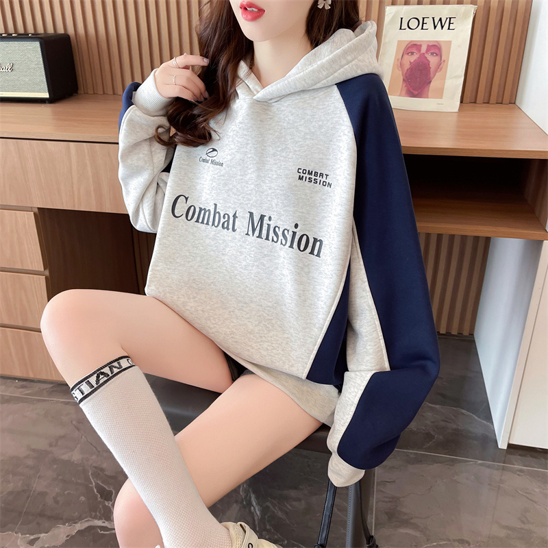 Real shot of pure cotton surface composite milk silk American retro letter printing contrasting color stitching spring and autumn thin sweatshirt for women