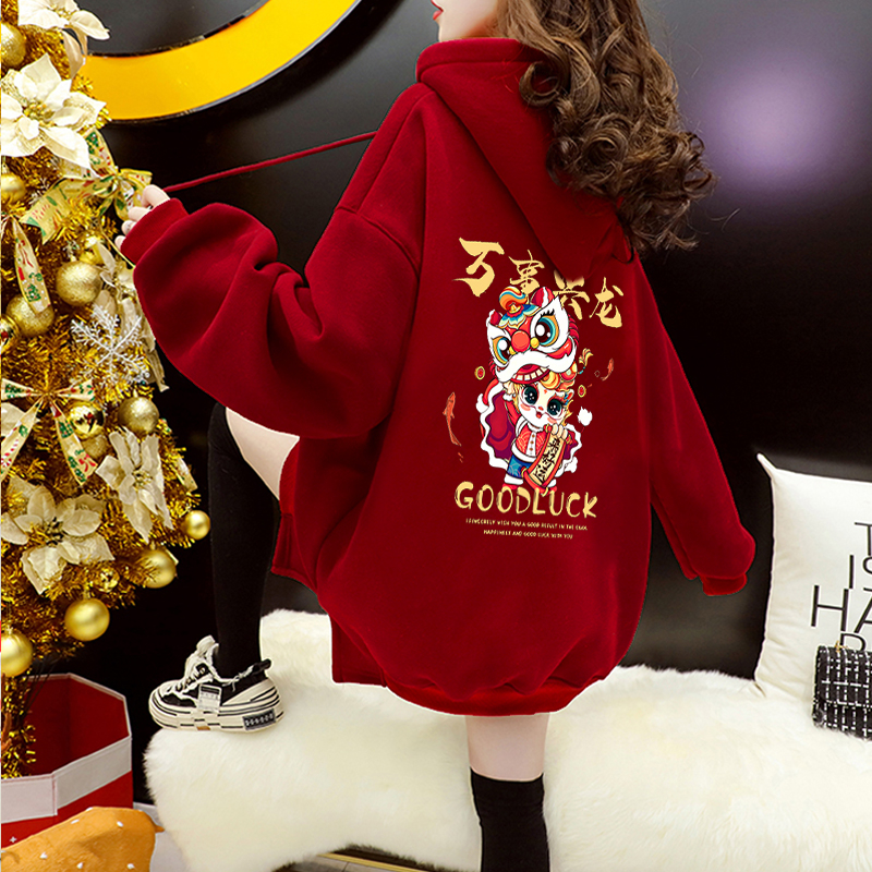 Imitation Chinese cotton velvet autumn and winter 2024 Super Year of the Fire Dragon printed loose hooded plus velvet sweatshirt
