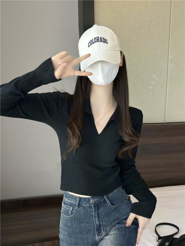 Actual shot~New V-neck slimming waist short lapel long-sleeved knitted top for women