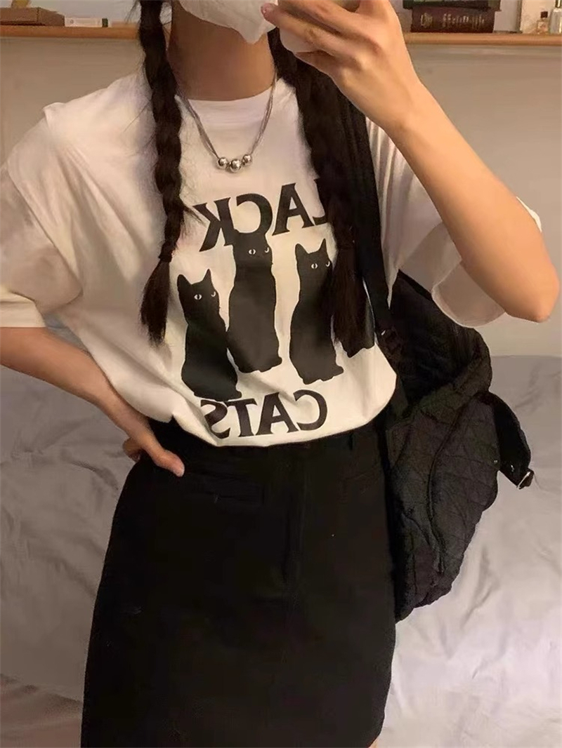 220克精梳緊密賽洛甜酷風卡通貓咪印花短袖T恤女