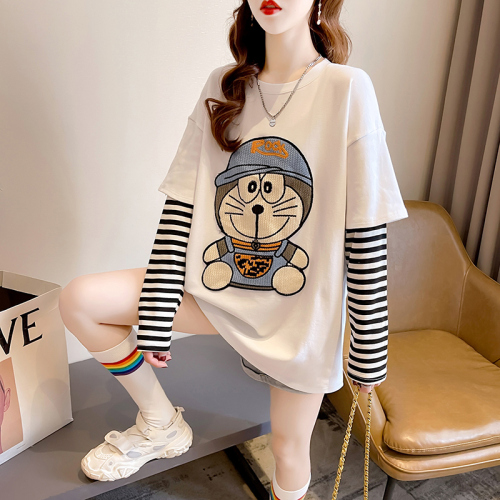 Real shot long-sleeved t-shirt for women spring and autumn thin new style fake two-piece cartoon sequin round neck top plus size women's clothing