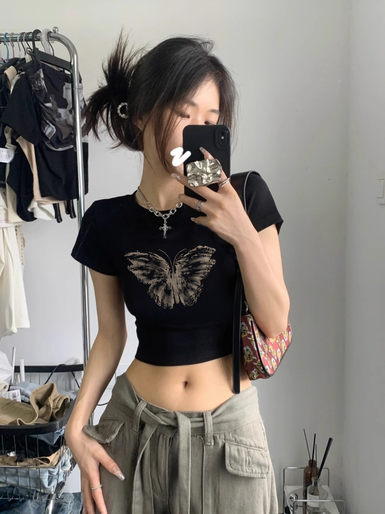 美式復古黑色正肩短袖t恤女夏季美拉德穿搭法式掐腰