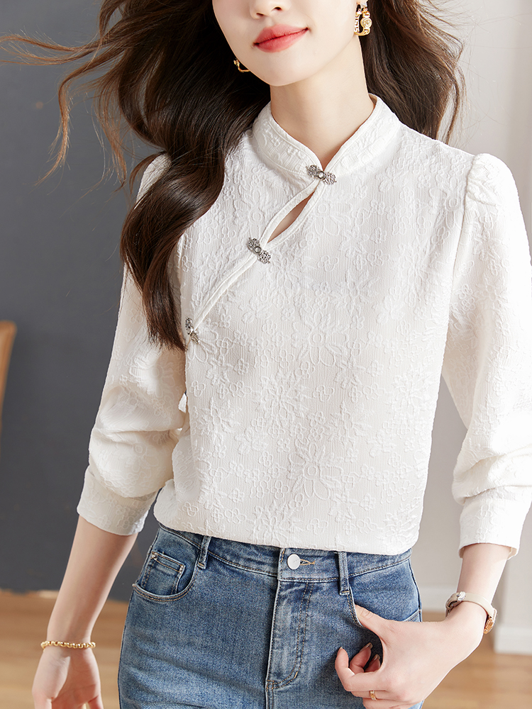 New Chinese style long-sleeved white shirt for women 2024 spring new embroidery design retro high-end top