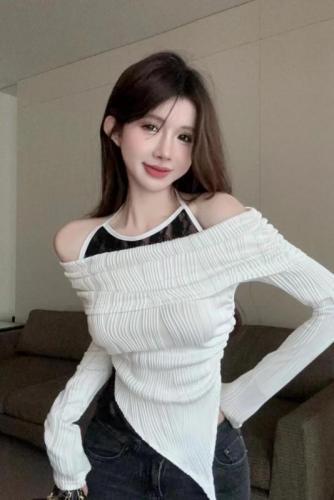 Real shot ~ Pure desire fashion irregular splicing one-line collar halter fake two-piece long-sleeved new top T-shirt women's clothing
