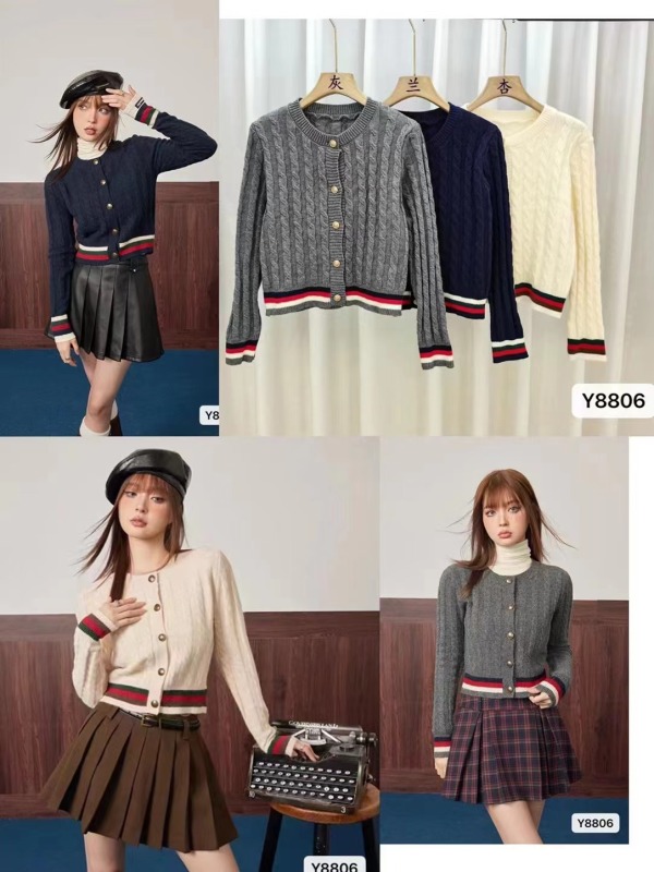 Spring and Autumn New Korean Style Simple Round Neck Twist Knitted Contrast Color Cardigan Top for Women