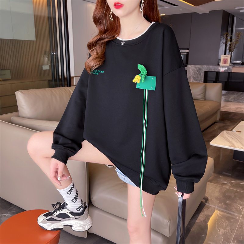 Real shot-2024 spring Korean style loose large size small flower three-dimensional decorative embroidery stitching thin sweatshirt for women